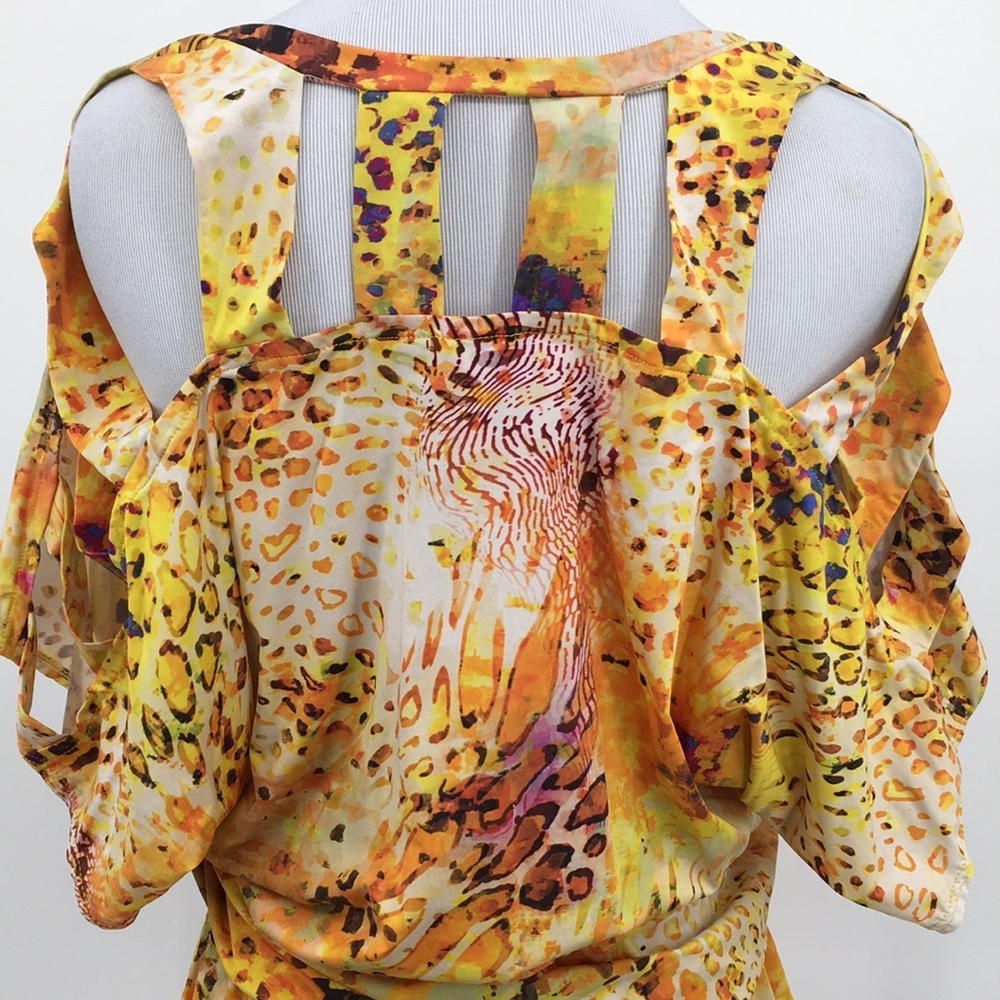 Y2K PilyQ Blouse Womens Small Yellow Animal Tunic Dolman Leopard Swim Cover